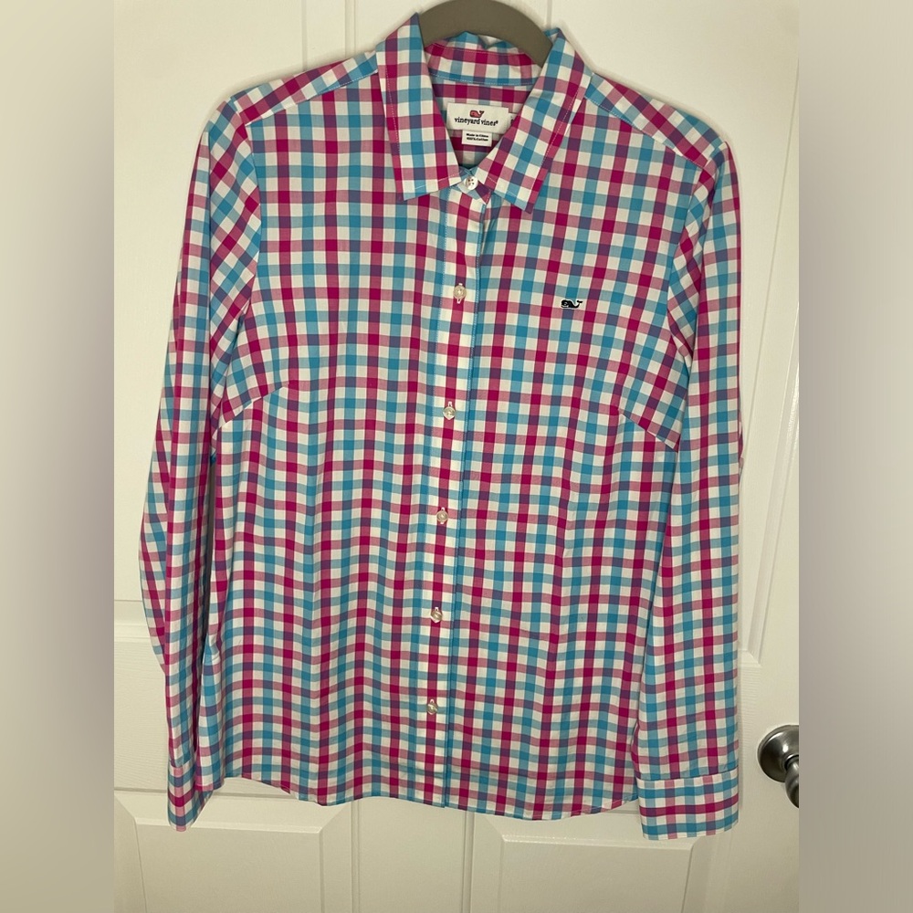 Vineyard Vines pink/white/blue gingham blouse Size 8